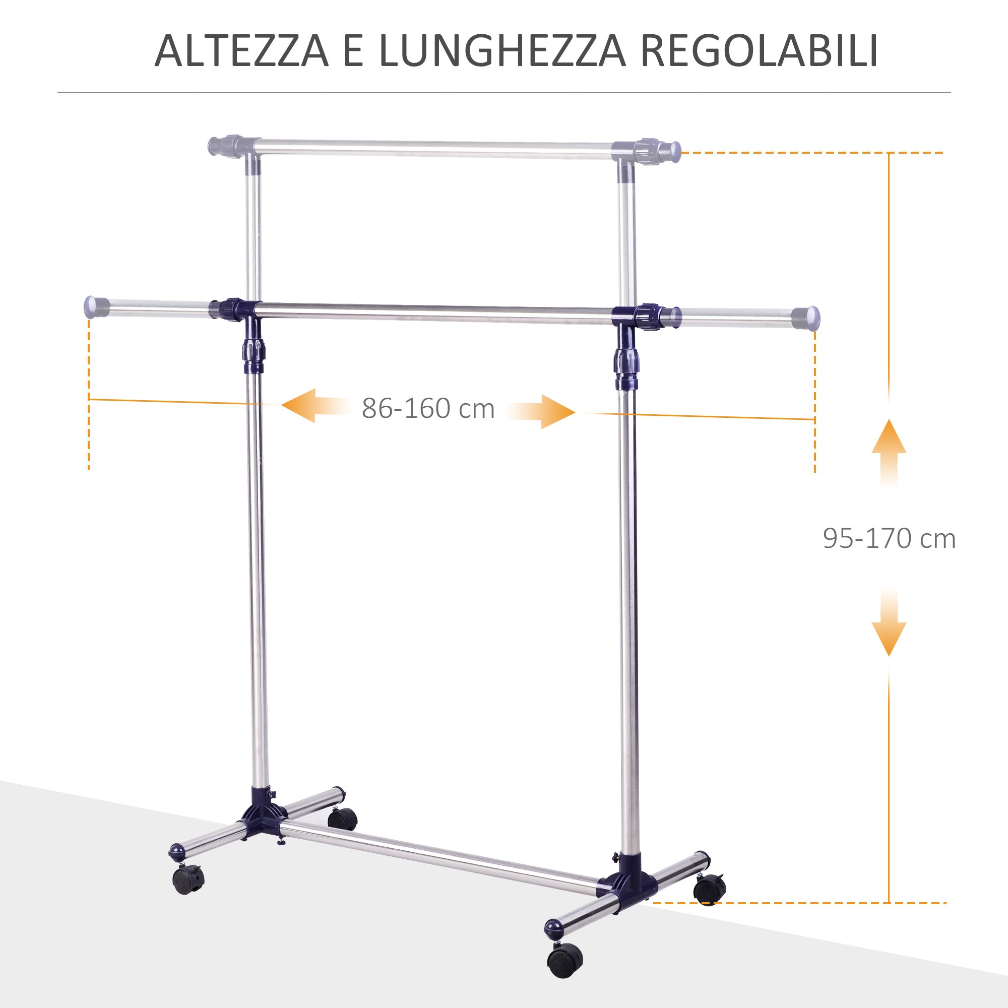 Stender Appendiabiti Larghezza e altezza regolabili con Ruote in Acciaio Inox 160x170 cm