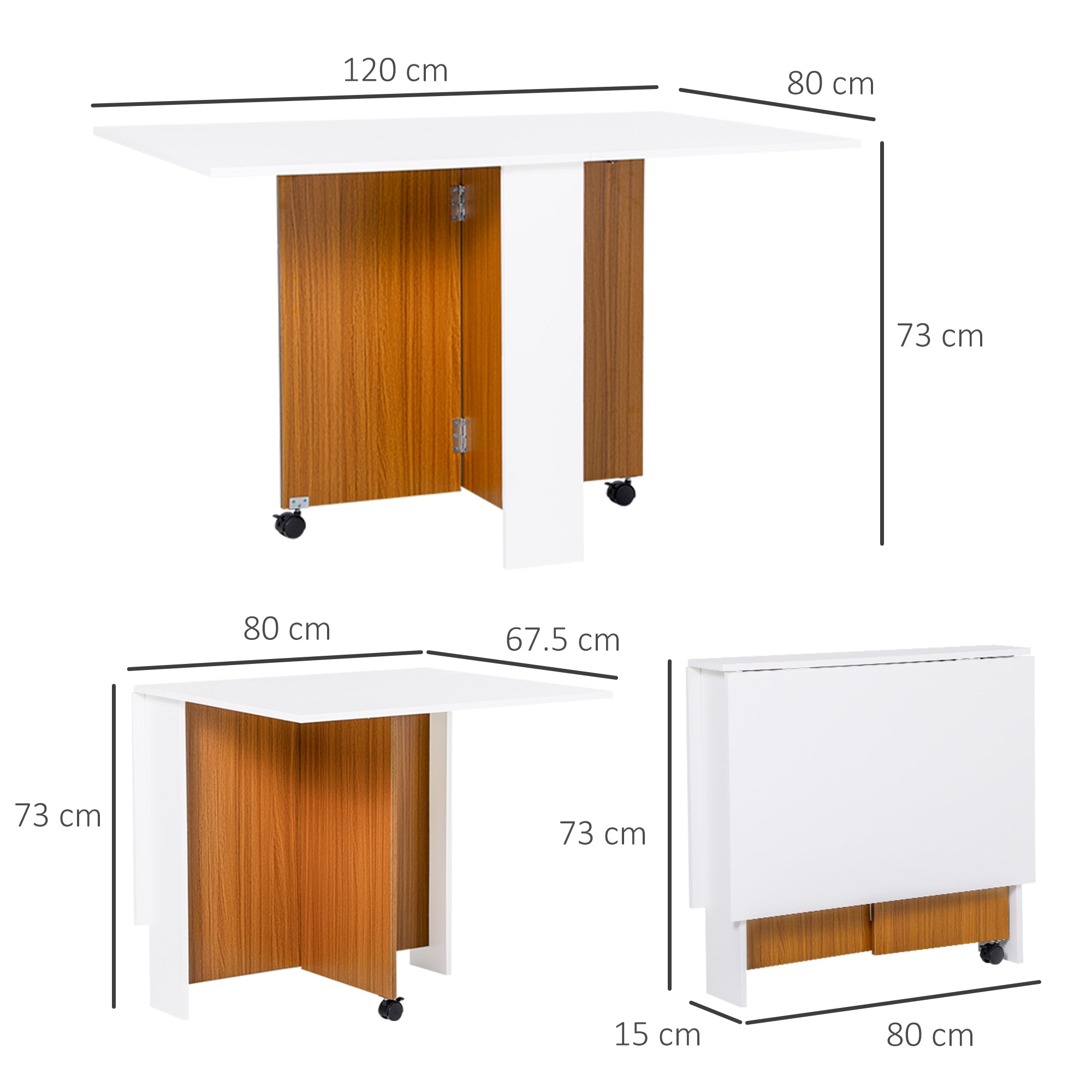 Tavolo Pieghevole Salvaspazio con Ruote Bianco e Legno 120x80x73 cm