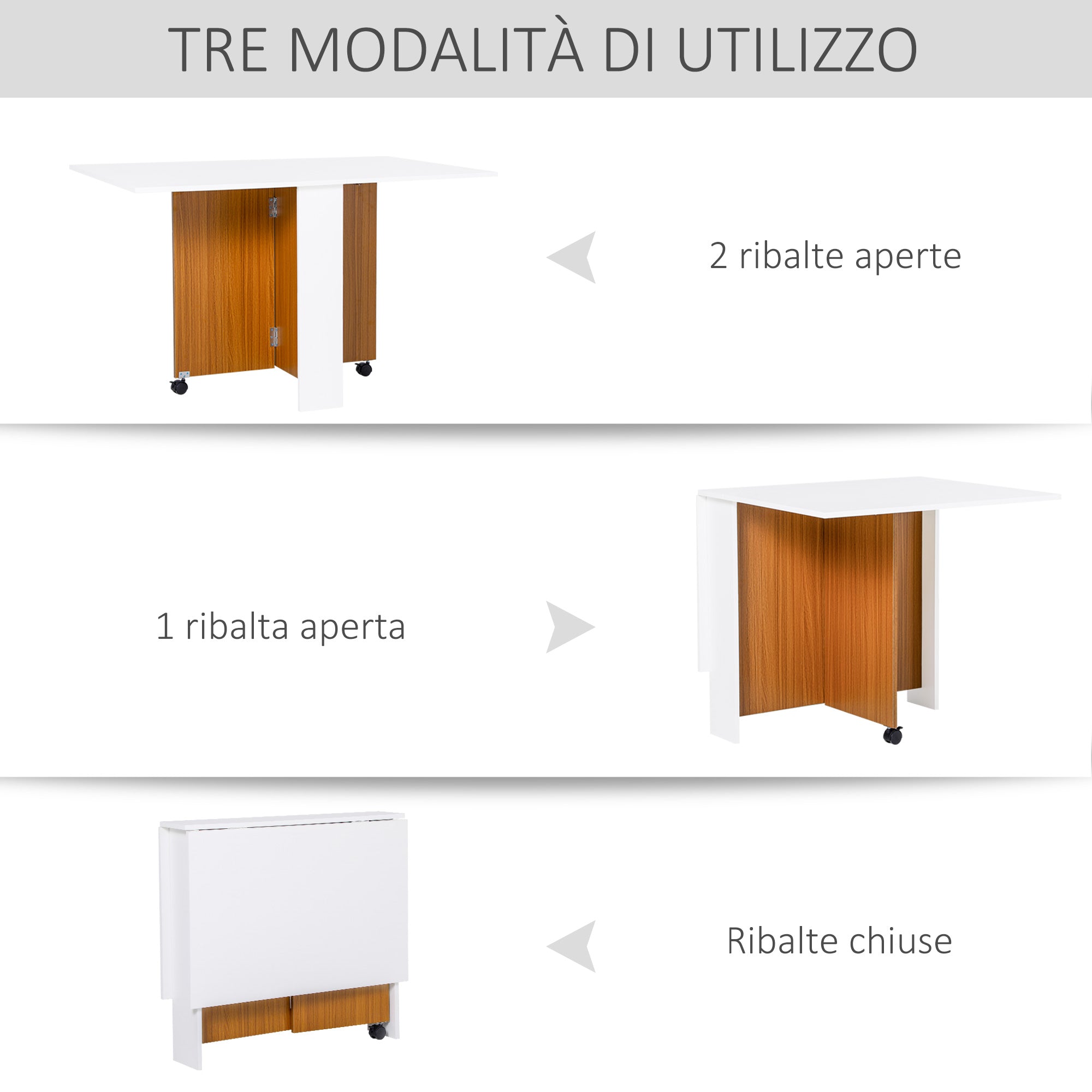 Tavolo Pieghevole Salvaspazio con Ruote Bianco e Legno 120x80x73 cm