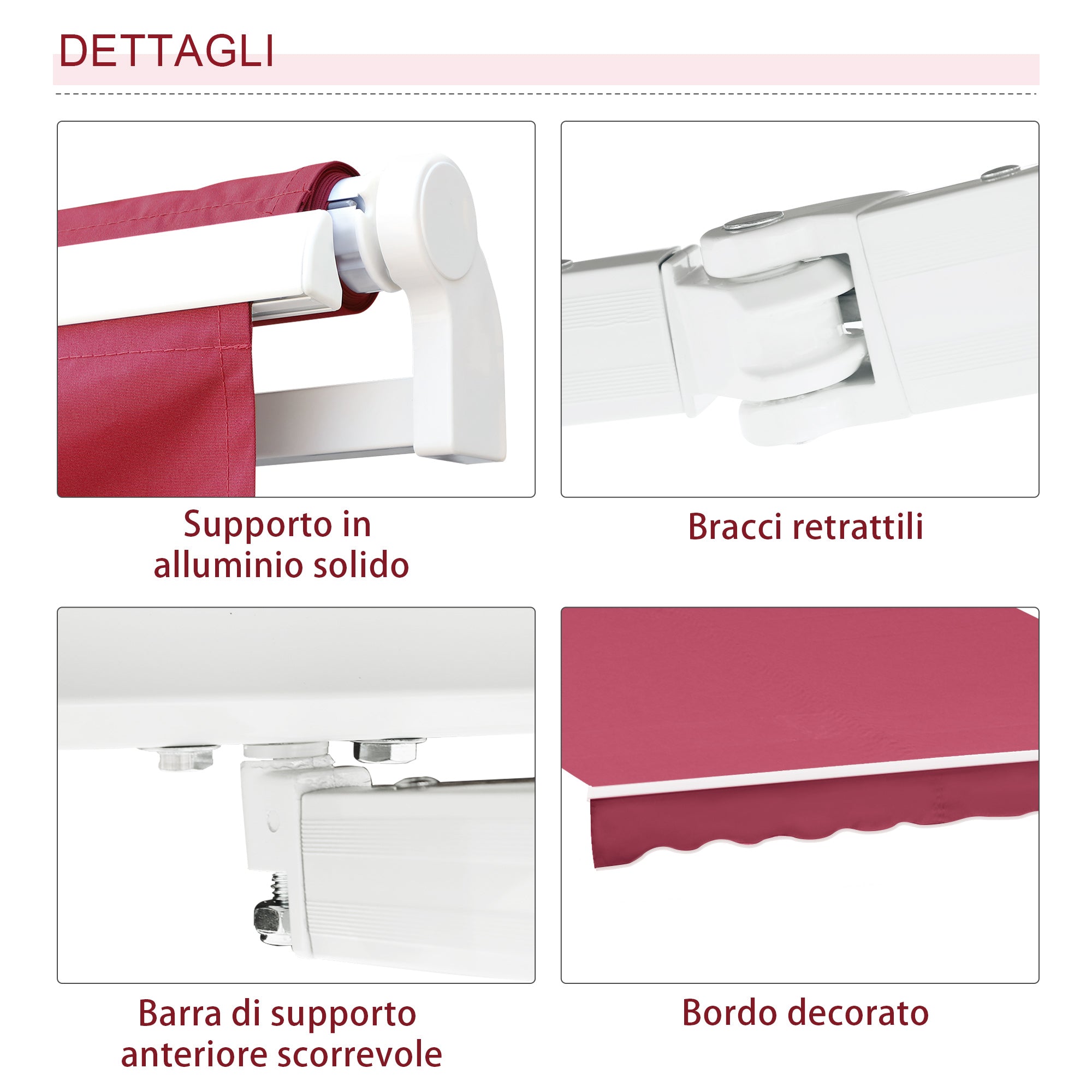 Tenda da Sole Avvolgibile a Parete 3x2.5m in Poliestere Rosso Bordeaux