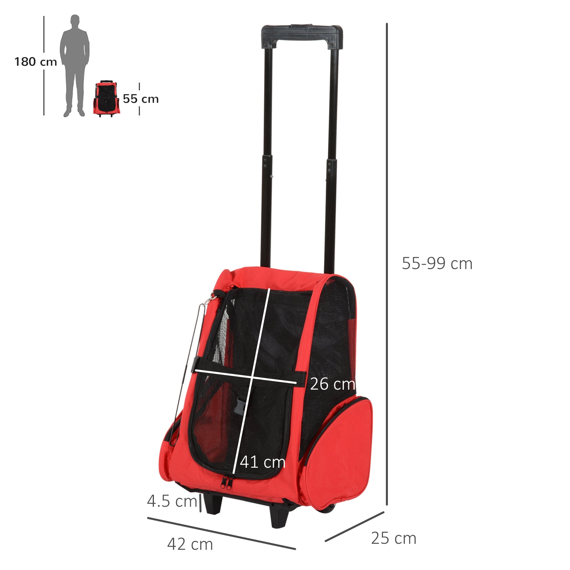 Trolley zaino 2 in 1 per piccoli animali domestici Rosso 35x27x49 cm