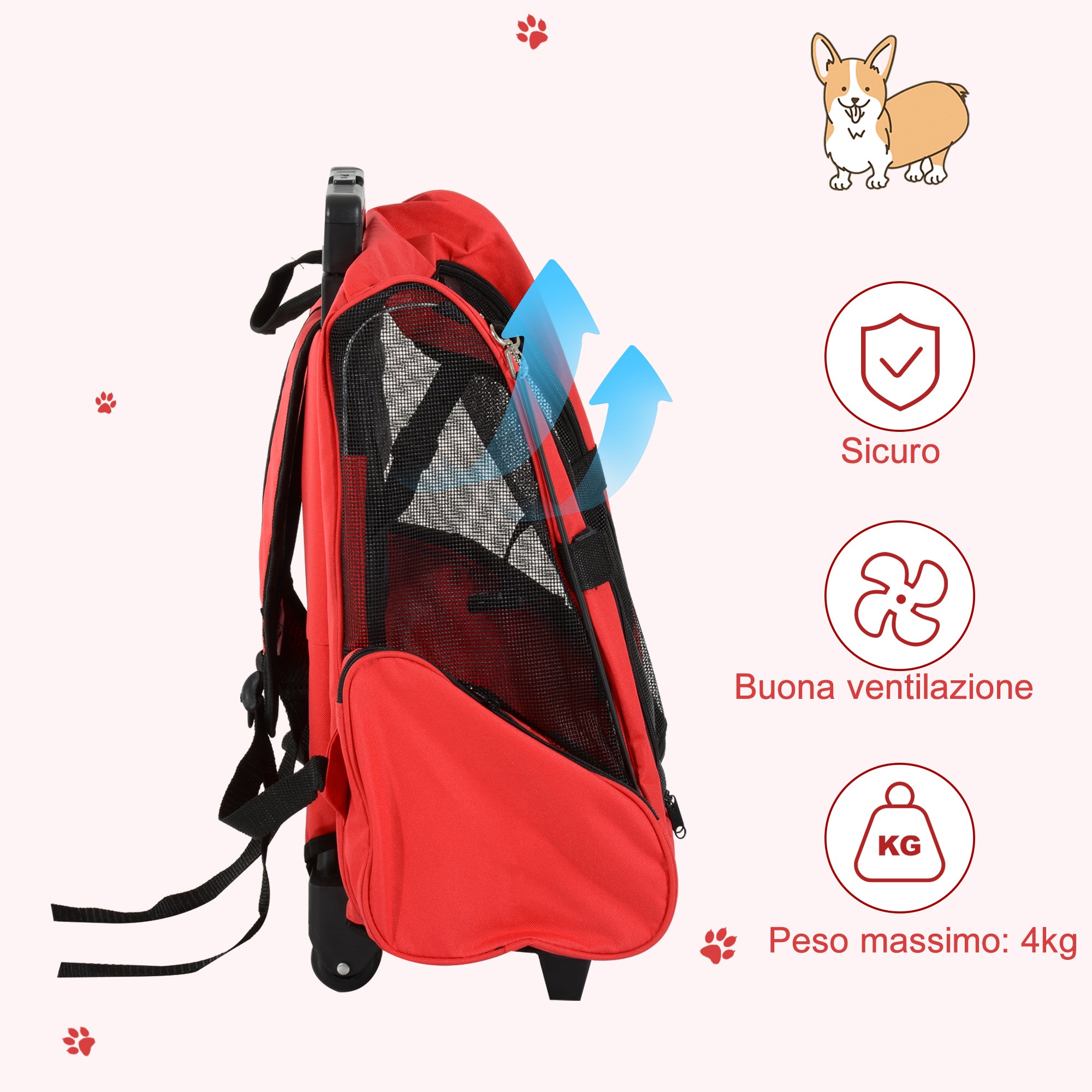 Trolley zaino 2 in 1 per piccoli animali domestici Rosso 35x27x49 cm