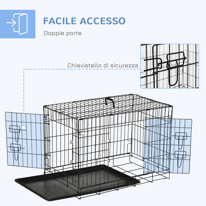 Gabbia Trasportino per Cani Gatti Pieghevole in Acciaio Doppia Apertura 76x53x57 cm Nero