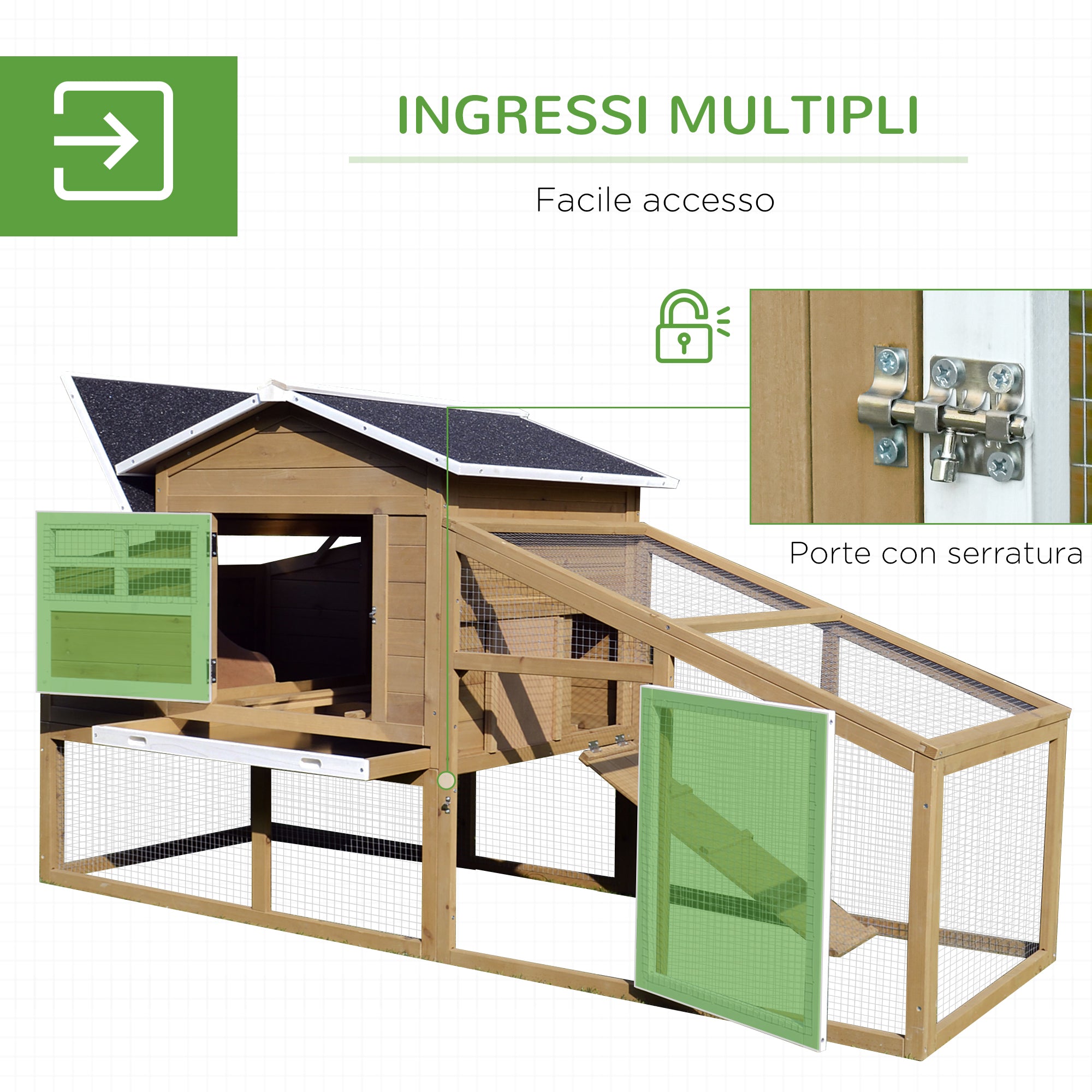 Pollaio da Giardino per Galline con Corsa e Zona di Nidificazione Vassoio Estraibile 200x80x105 cm