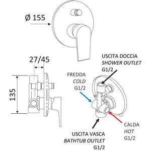 Miscelatore incasso doccia con deviatore Rubinetterie Mariani linea Artic Nichel spazzolato