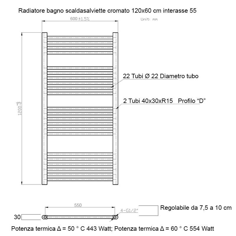 Scaldasalviette da Bagno 1200x600 mm in Acciaio Bonussi Stand Dritto Cromo