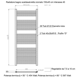 Scaldasalviette da Bagno in Acciaio H1500 mm Bonussi Stand Dritto Cromo 1500x450 mm