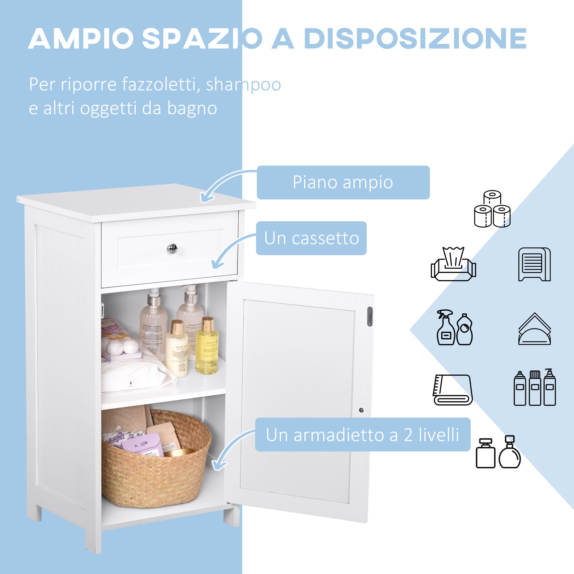 Mobiletto da Bagno con Anta e Cassetto Bianco 43x34x77 cm