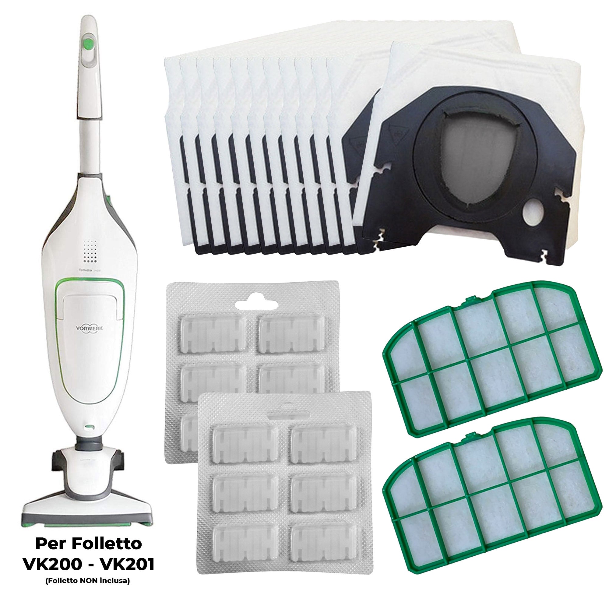 Kit Ricambi 12 Sacchetti 2 Filtri 12 Profumatori Compatibili Folletto VK200 VK220