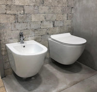 Coppia di Sanitari WC e Bidet Sospesi in Ceramica 48.5x36.5x36.5 cm Rimless Round Bianco