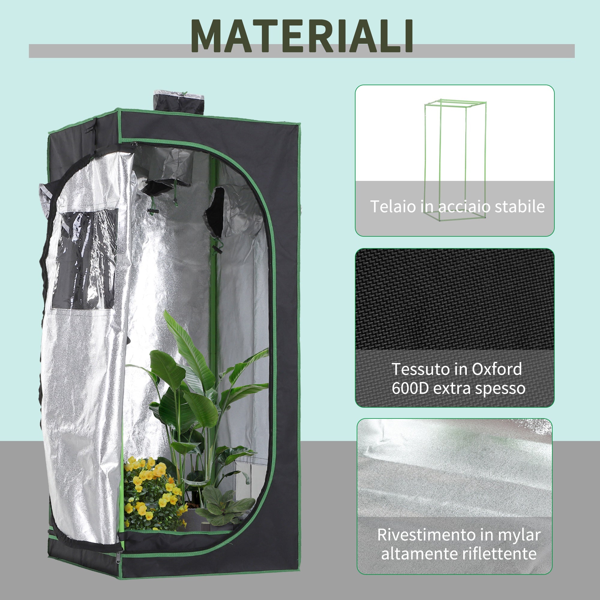 Tenda Coltivazione Idroponica Grow Box 60x60x140 cm con Cerniere Luci Illuminazione  Mylar