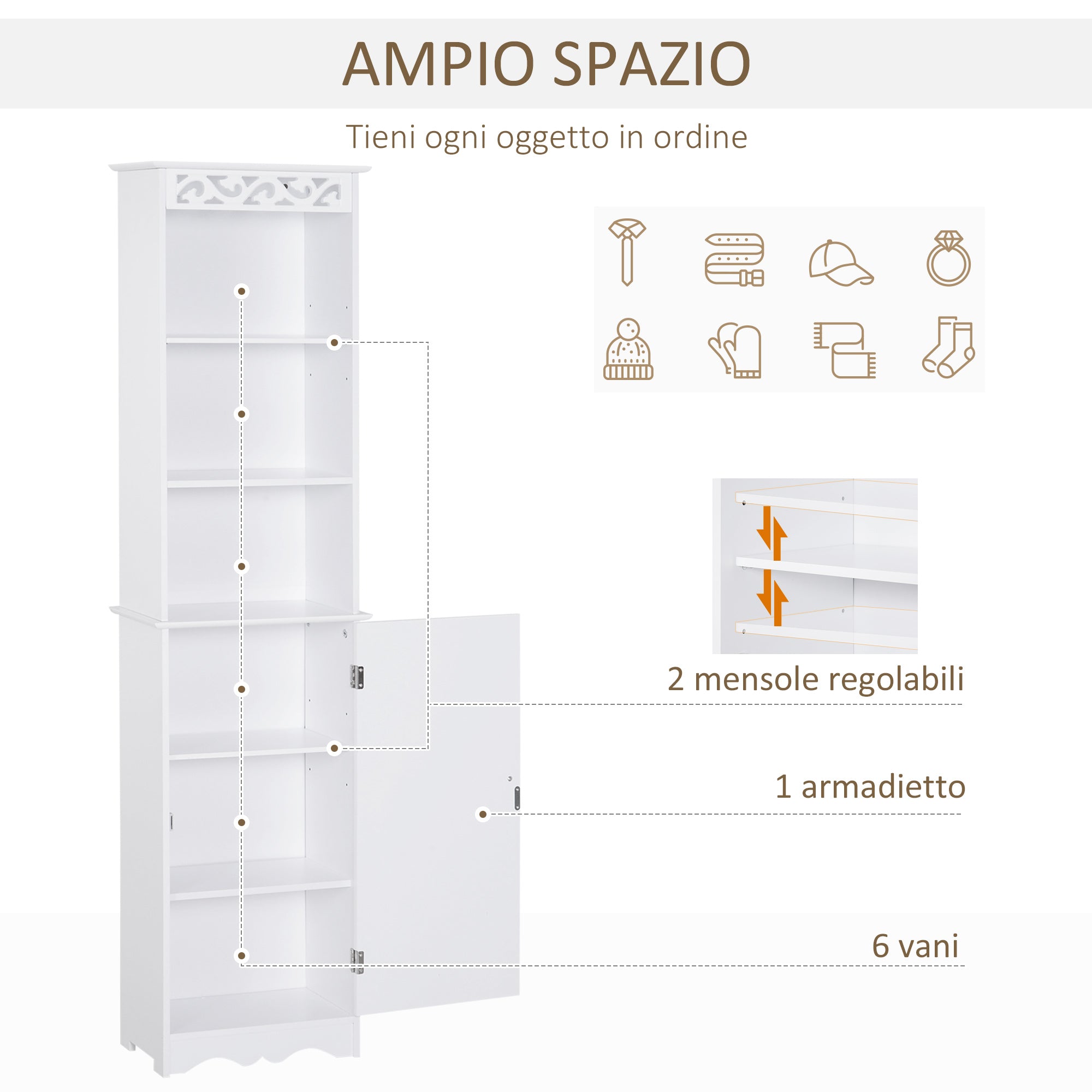 Mobile a Colonna per Bagno in Legno 40x23x160 cm  Floreale Bianco