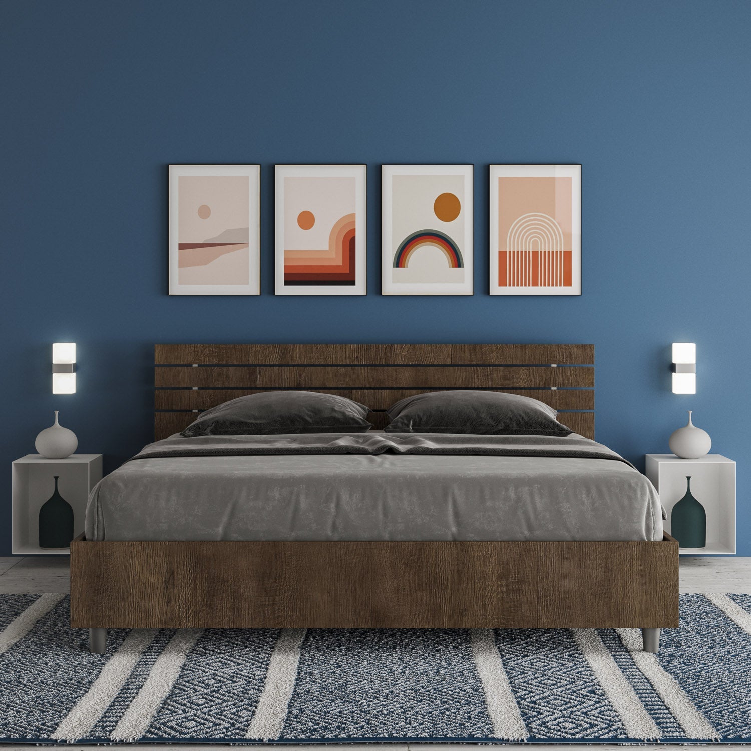 Letto Matrimoniale 160x200 cm con Rete e Contenitore Testata Doghe Dritta Ankel Noce