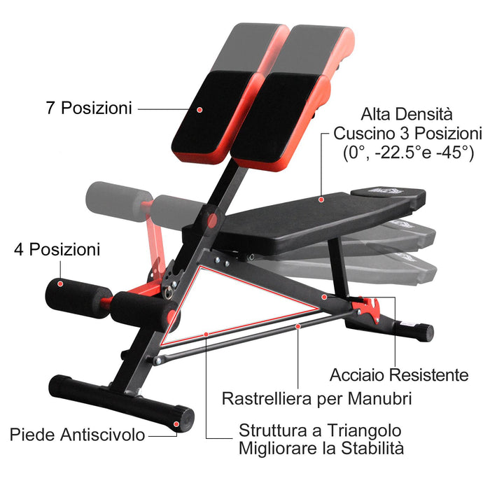 Panca Addominali Multifunzionale Regolabile per Palestra  Nera e Rossa