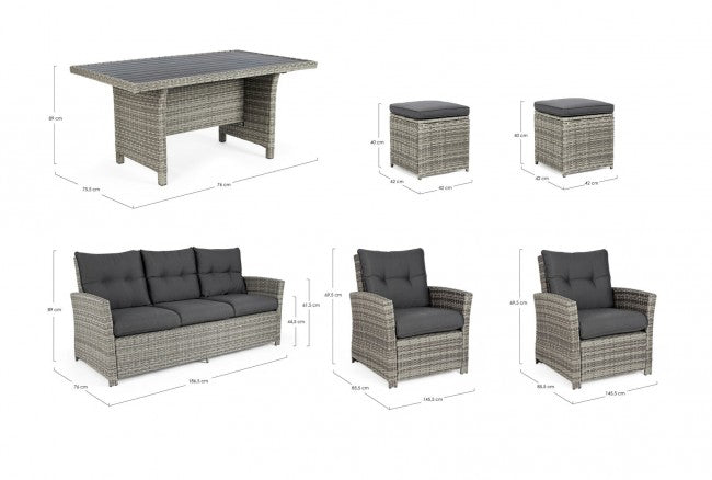 Set Salotto da Giardino Divano 2 Poltrone 2 Sgabelli e Tavolo Ariel Grey