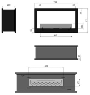 Camino a Bioetanolo da Incasso 90x50 cm Bifacciale 2 Side 900 Nero con Vetro