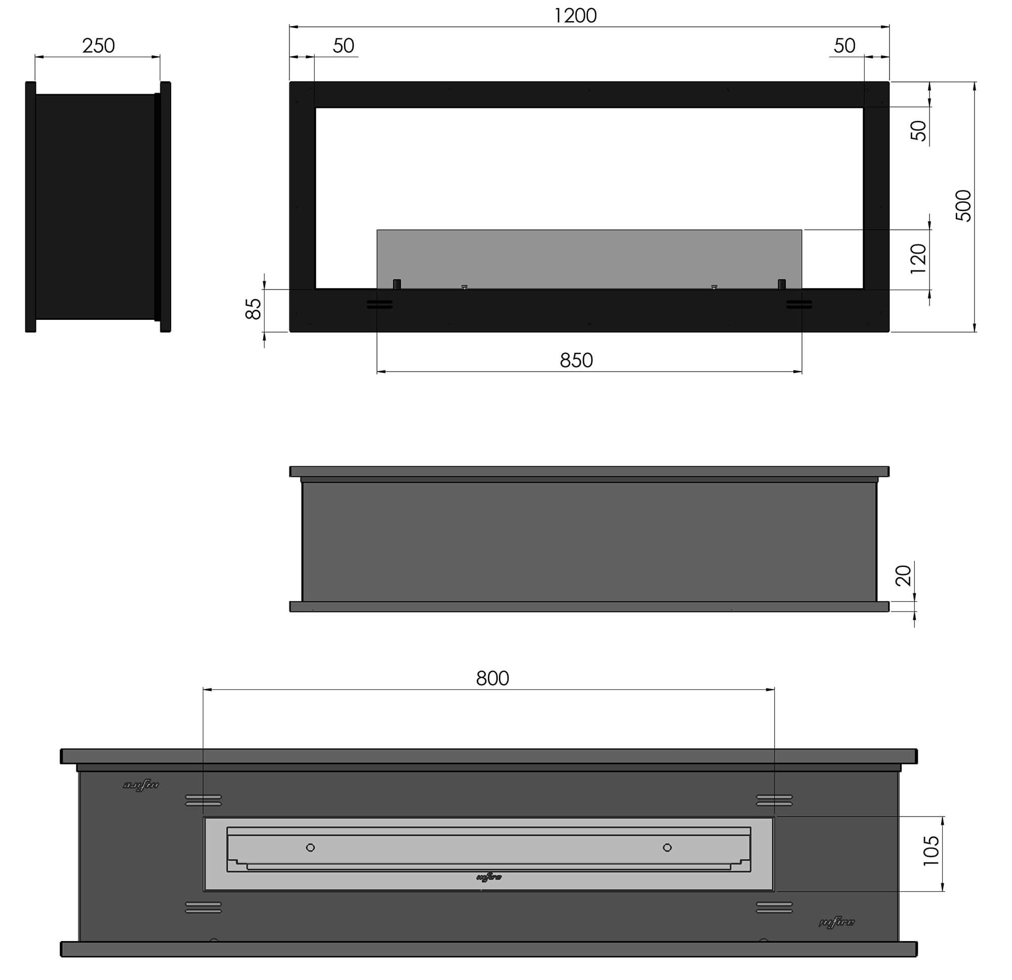 Camino a Bioetanolo da Incasso 120x50 cm Bifacciale 2 Side 1200 Nero con Vetro