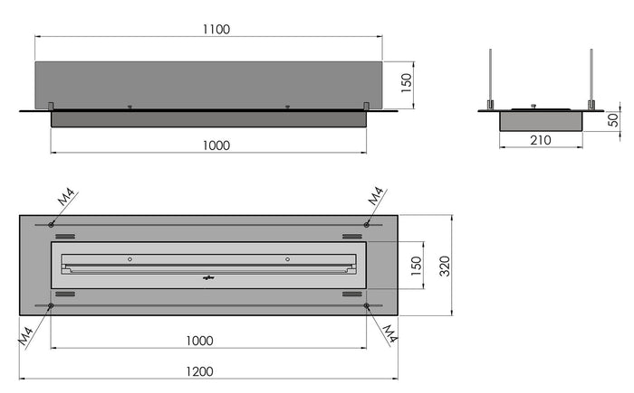 Camino a Bioetanolo da Incasso 120x32 cm Insert 1200 in Acciao Inox