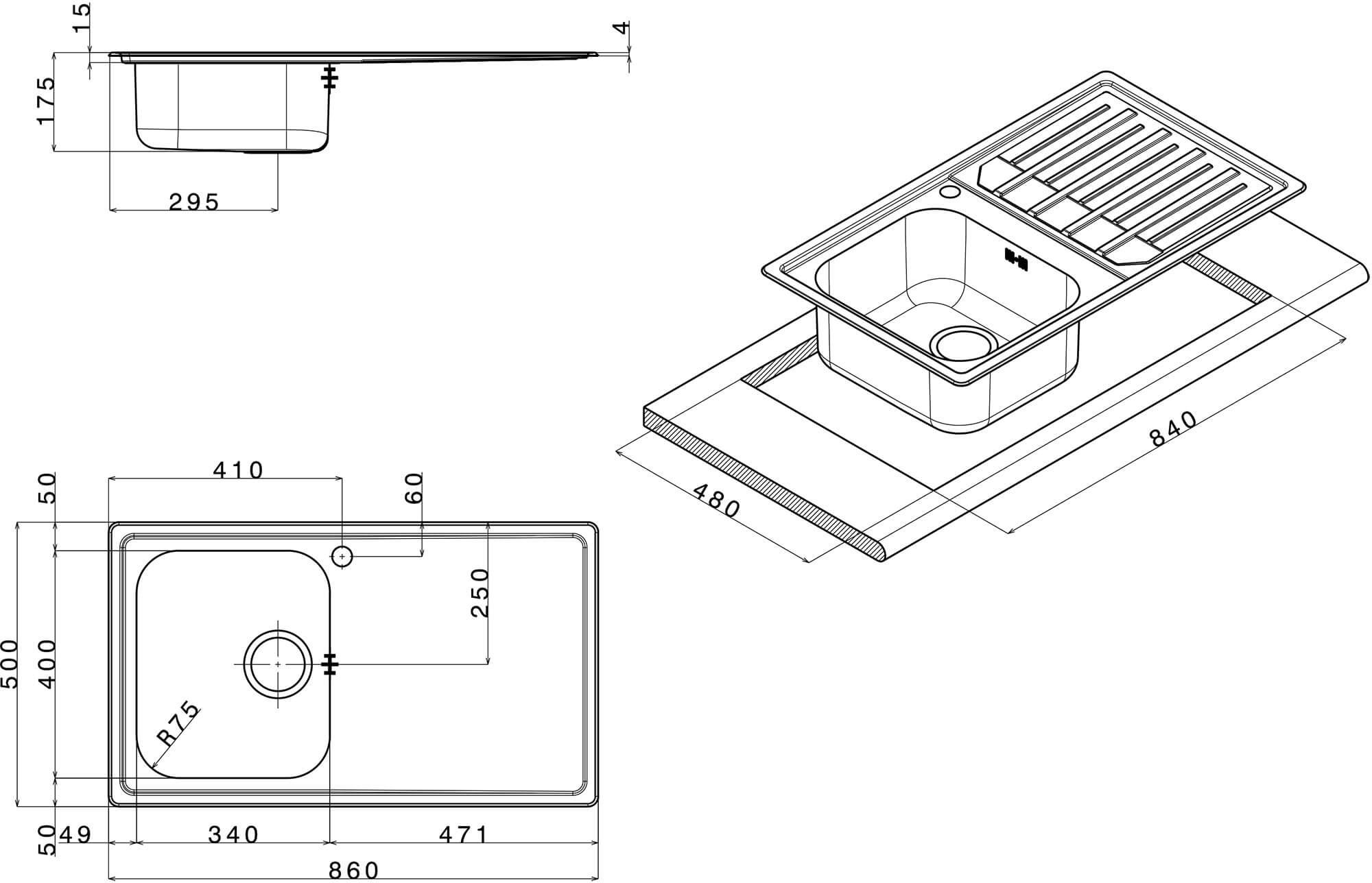 Lavello Cucina 1 Vasca 86x50 cm in Acciaio Inox Apell Melodia Gocciolatoio Destro