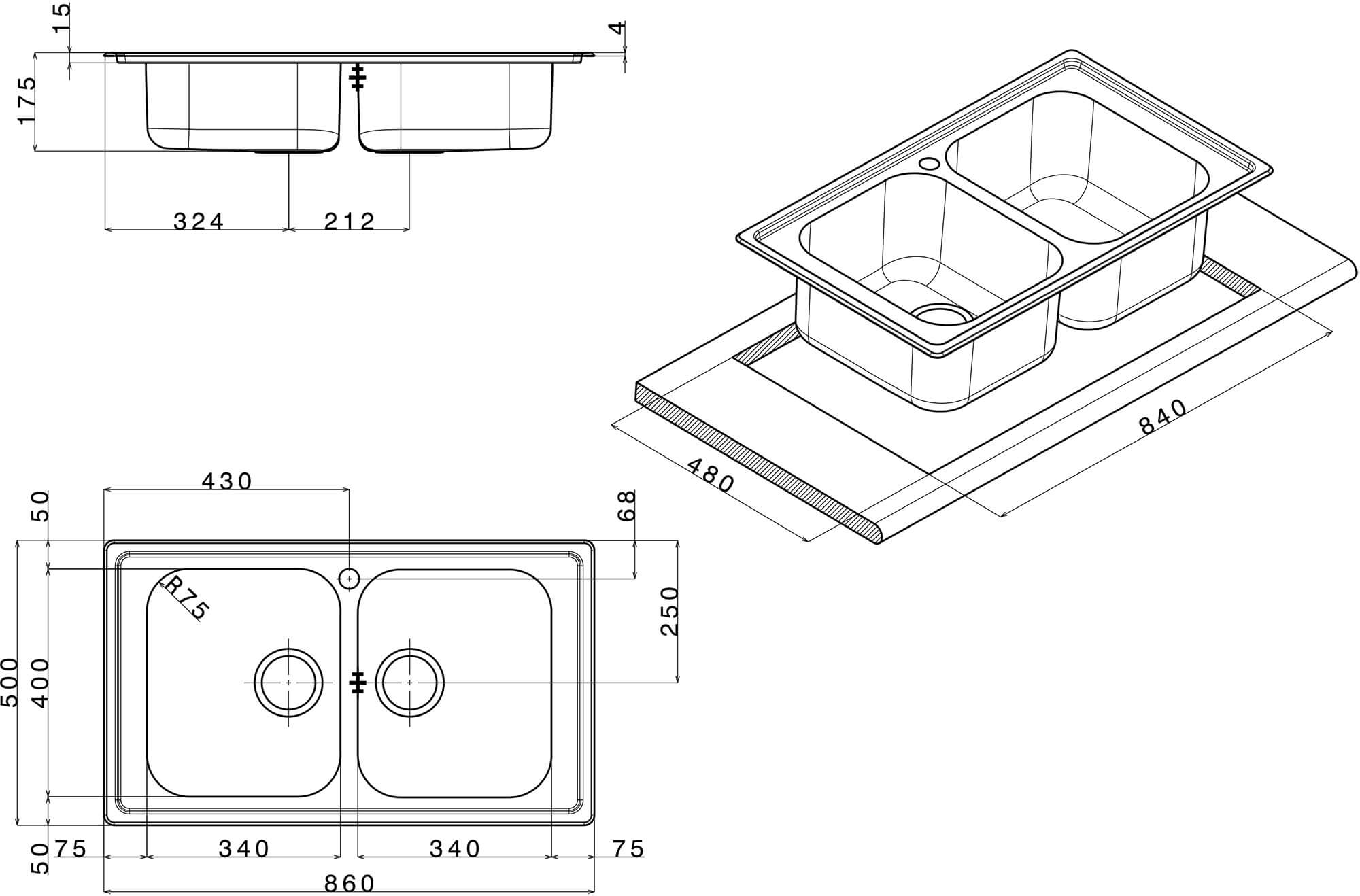 Lavello Cucina 2 Vasche 86x50 cm in Acciaio Inox Apell Melodia