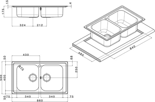 Lavello Cucina 2 Vasche 86x50 cm in Acciaio Inox Apell Melodia