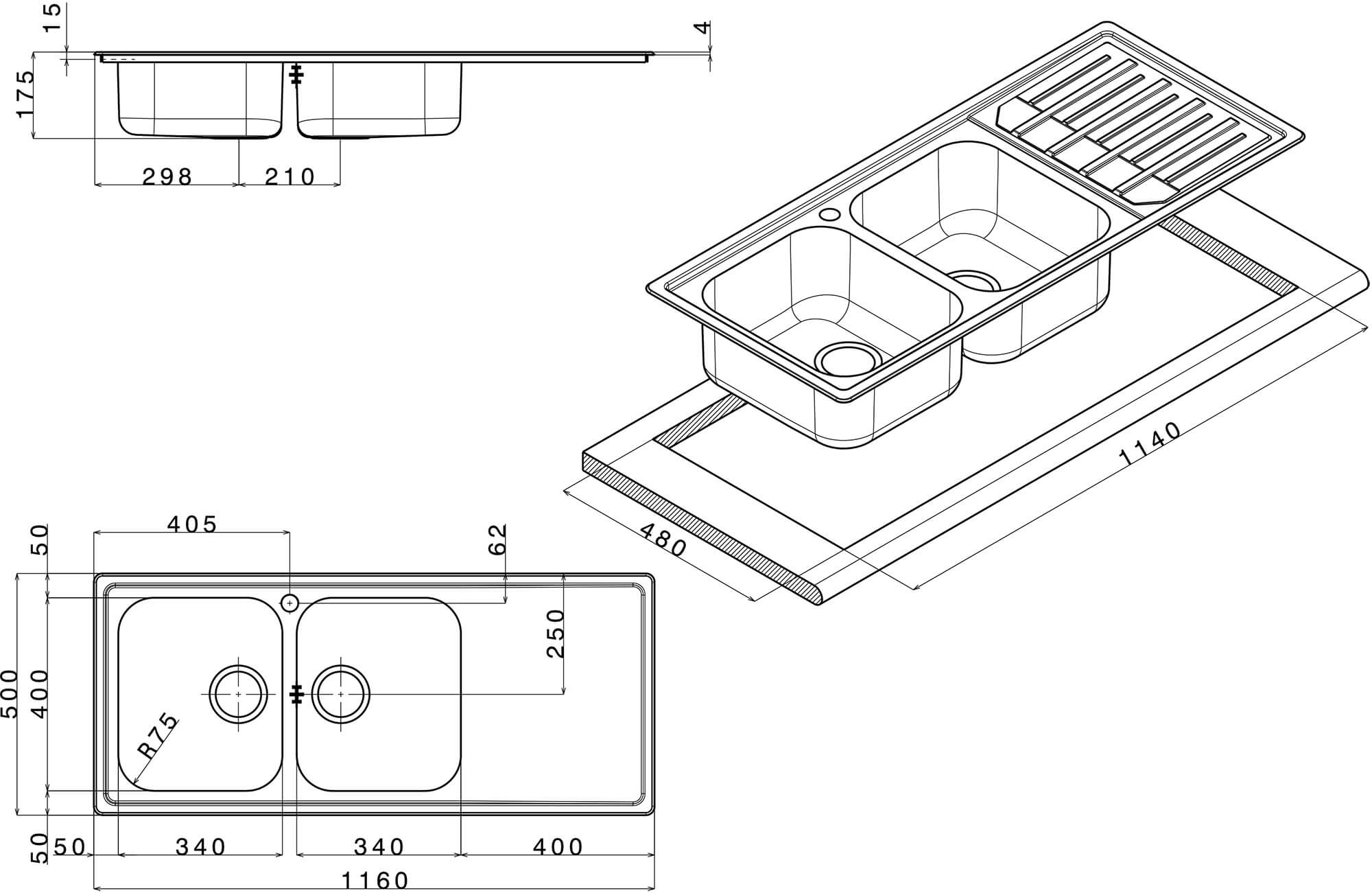 Lavello Cucina 2 Vasche 116x50 cm in Acciaio Inox Apell Melodia Gocciolatoio Sinistro