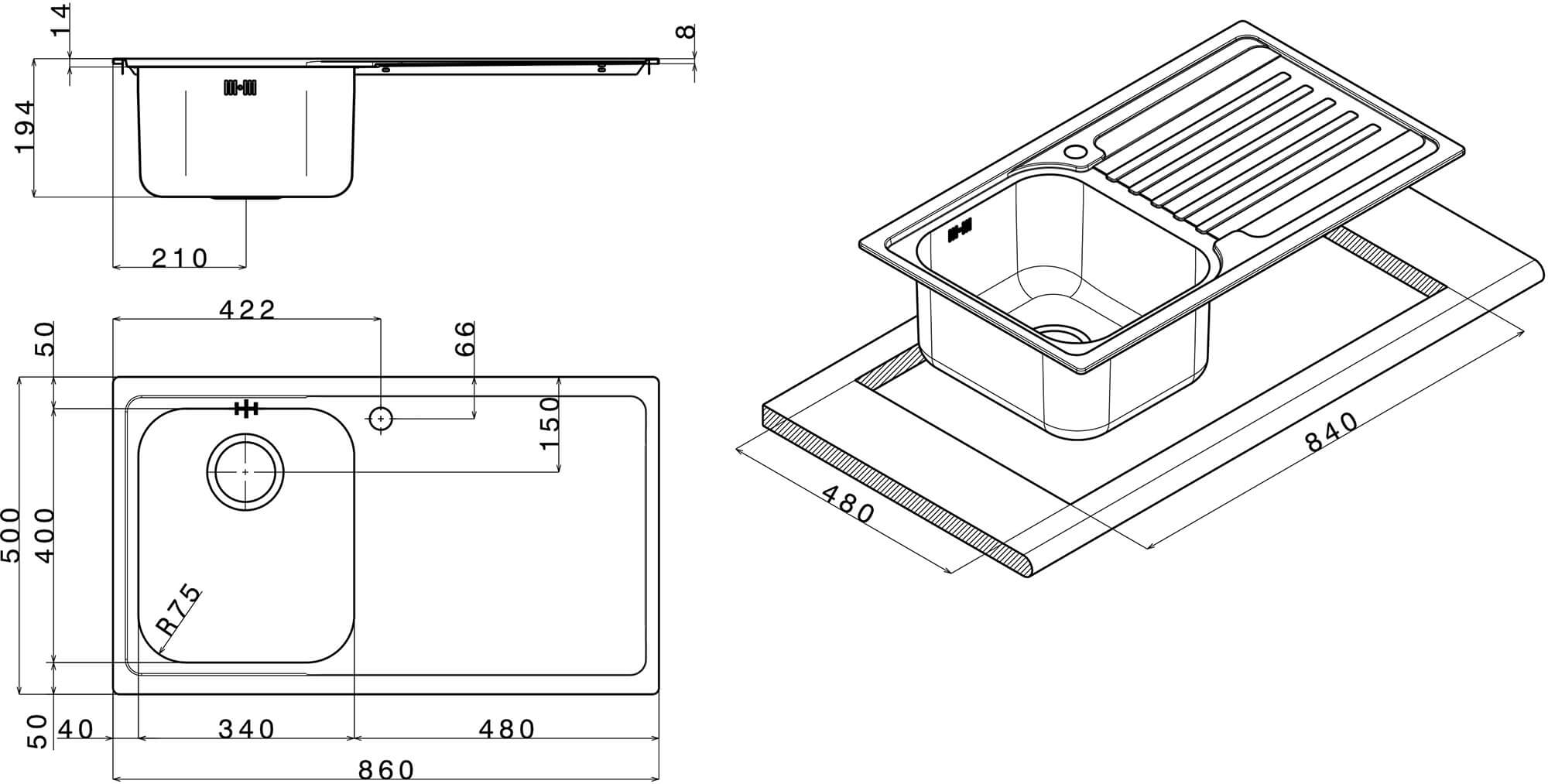 Lavello Cucina 1 Vasca 86x50 cm in Acciaio Inox Apell Venezia Gocciolatoio Destro