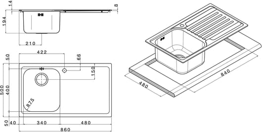 Lavello Cucina 1 Vasca 86x50 cm in Acciaio Inox Apell Venezia Gocciolatoio Sinistro