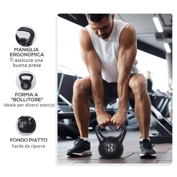 Kettlebell per Allenamento 12 Kg in PVC e Sabbia  Nero