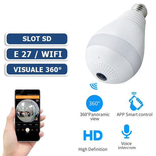 TELECAMERA 360° LAMPADINA E27 WIFI AUDIO OCCHIO SPIA CAMERA NASCOSTA