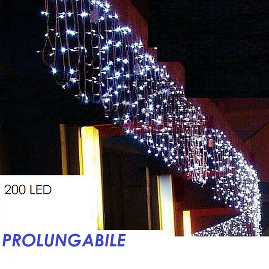 Tenda Luminosa Natalizia Luce Bianco Freddo Luci 10M X 40Cm 200Led Prolunga Pioggia