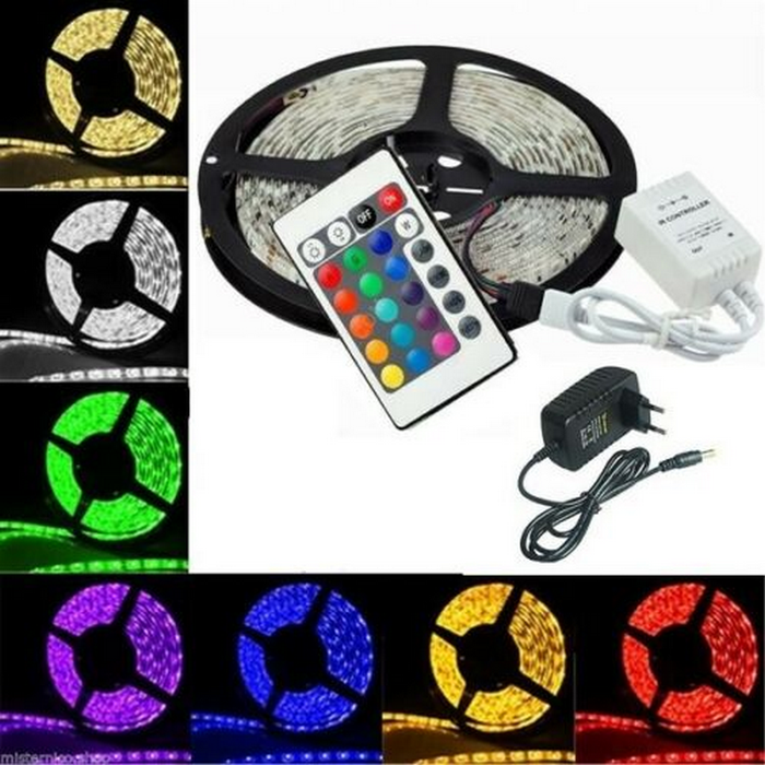 STRISCIA A LED SMD 5050 RGB 5 METRI BOBINA CON ALIMENTATORE TELECOMANDO 300 LED