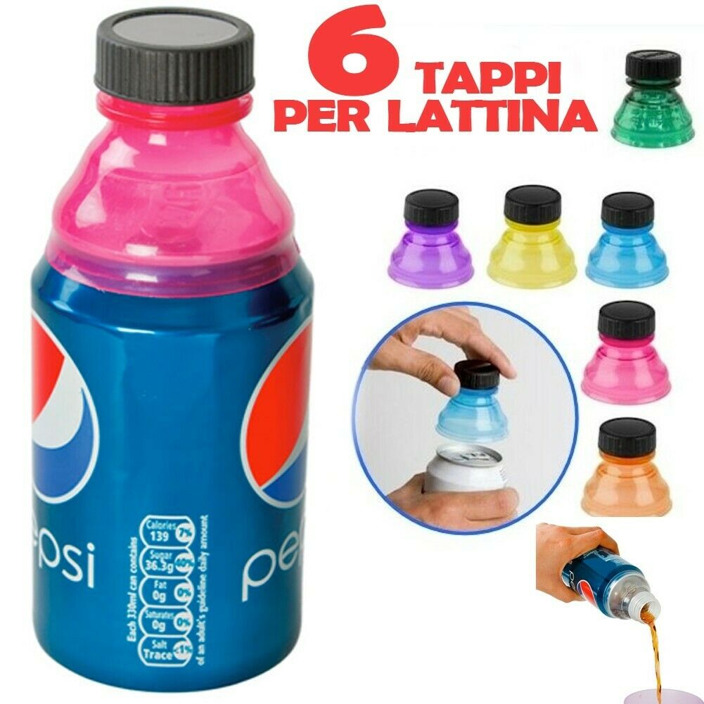 SET 6 PEZZI TAPPI PER LATTINE ADATTATORE LATTINA IN BOTTIGLIA UNIVERSALE VARI COLORI