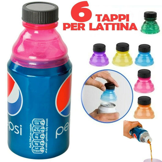 SET 6 PEZZI TAPPI PER LATTINE ADATTATORE LATTINA IN BOTTIGLIA UNIVERSALE VARI COLORI