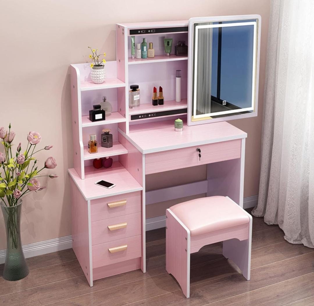 Mobile Scrivania Con Specchio Scorrevole E Luce Led, Set Con Mensole , Cassetti E Sgabello Tavolo Cosmetici Per Ragazze Colore: Rosa