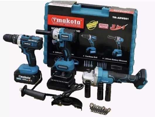 Set Kit 3 In 1 Trapano Avvitatore , Svita Bulloni A Impulsi , Smerigliatrice A 2 Batteria Con Valigia E Caricabatteria