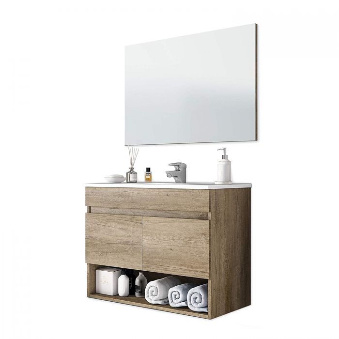 Composizione mobile bagno sospeso legno completo di Lavabo in ceramica e specchio Cotton Clint