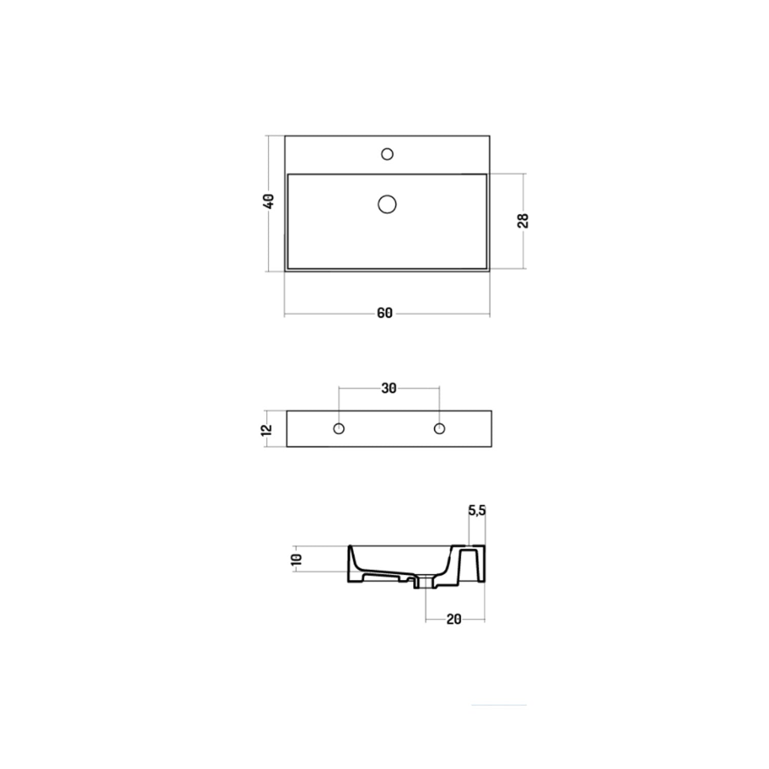 Lavabo rettangolare da appoggio o sospeso in ceramica bianca lucida 60x40 cm con foro per rubinetto Disegno-Ceramica