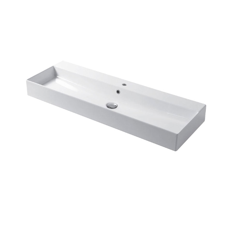 Lavabo rettangolare da appoggio o sospeso in ceramica bianca lucida 120x40 cm con foro per rubinetto Disegno-Ceramica