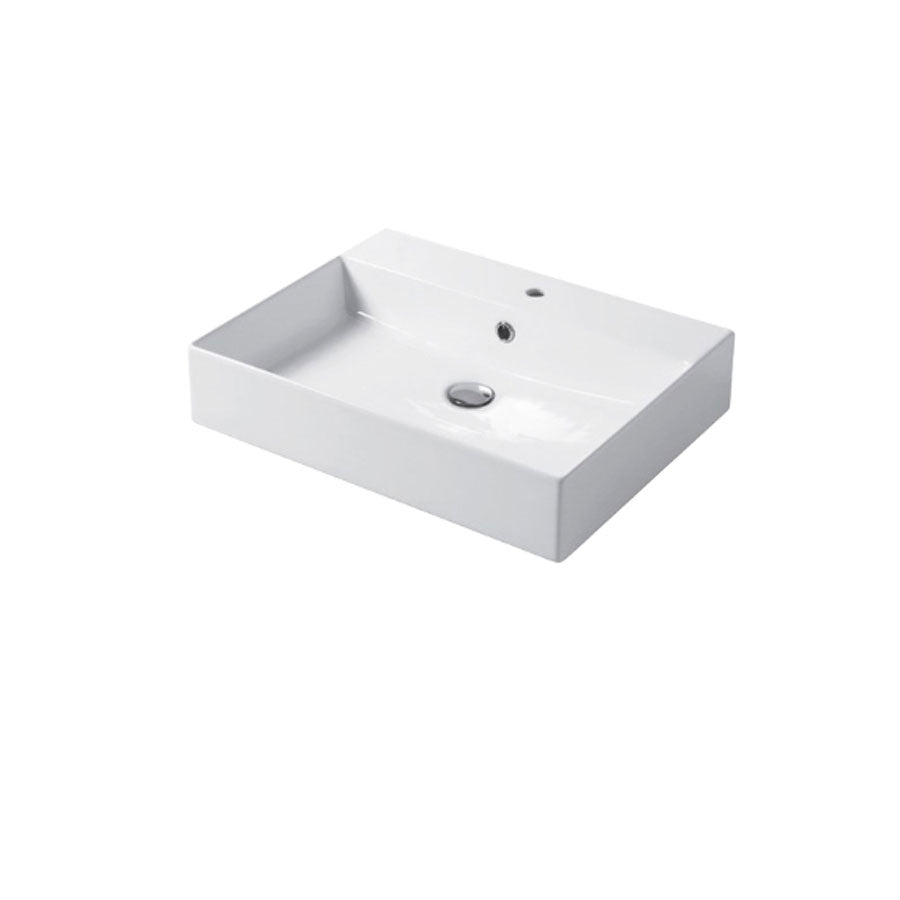 Lavabo rettangolare da appoggio o sospeso in ceramica bianca lucida 60x46 cm con foro per rubinetto Disegno-Ceramica