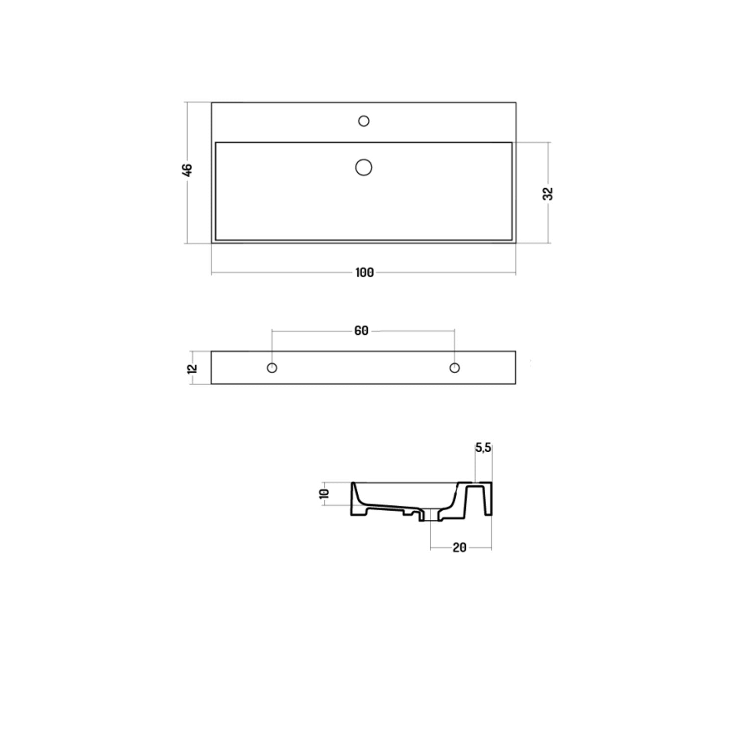 Lavabo rettangolare da appoggio o sospeso in ceramica bianca lucida 100x46 cm con foro per rubinetto Disegno-Ceramica