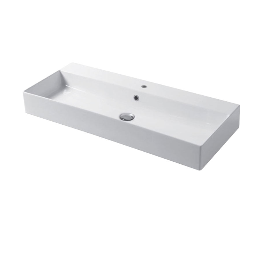 Lavabo rettangolare da appoggio o sospeso in ceramica bianca lucida 100x46 cm con foro per rubinetto Disegno-Ceramica