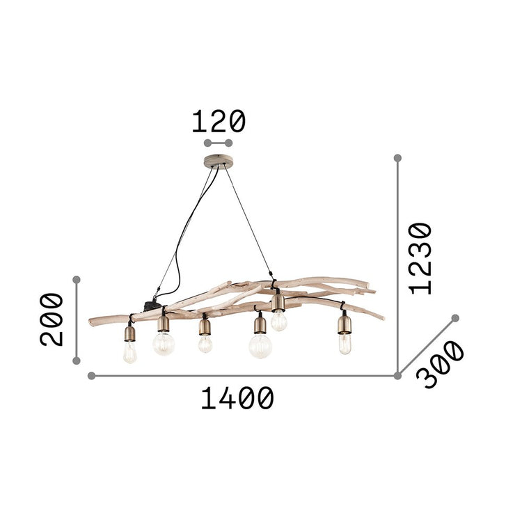 Sospensione Industrial-Minimal Driftwood Legno Marrone 6 Luci E27