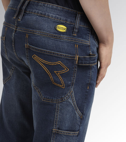 Pantalone Jeans Da Lavoro Elasticizzato Con Portametro/Martello Colore Blu Lavato 60002 Stone Iso 13688:2013 Diadora Utility-Taglia L