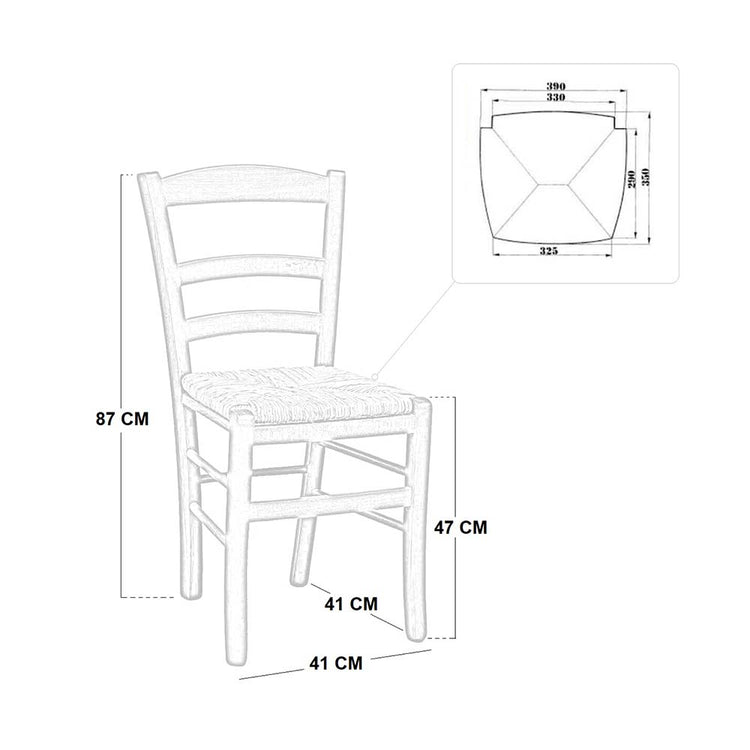 Sedia da sala da pranzo in legno paesana da dipingere con sedile in paglia