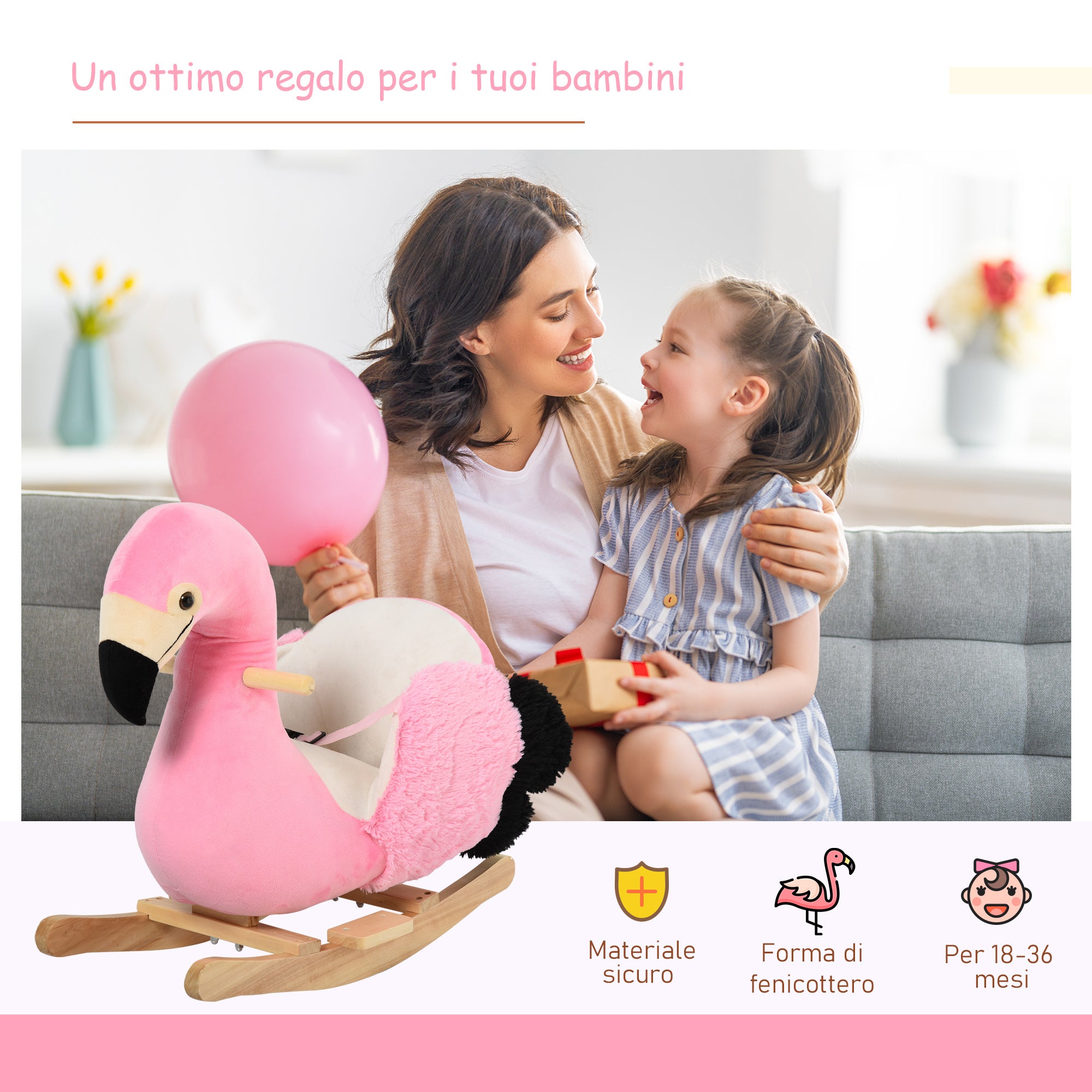 Fenicottero a Dondolo in Peluche e Legno Aspen  Rosa