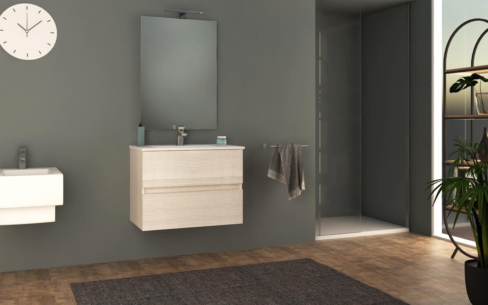 Mobile Bagno Sospeso 74 cm Lavabo e Specchio Tavassi Giove Rovere Bianco