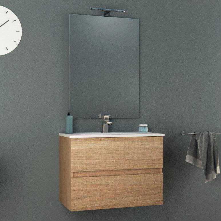 Mobile Bagno Sospeso 74 cm Lavabo e Specchio Tavassi Giove Rovere Chiaro