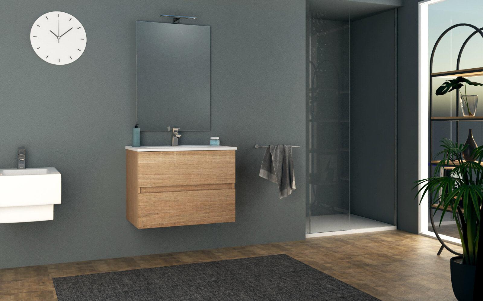 Mobile Bagno Sospeso 74 cm Lavabo e Specchio Tavassi Giove Rovere Chiaro