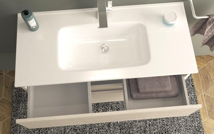 Mobile Bagno Sospeso 100 cm Lavabo e Specchio Tavassi Giove Rovere Bianco